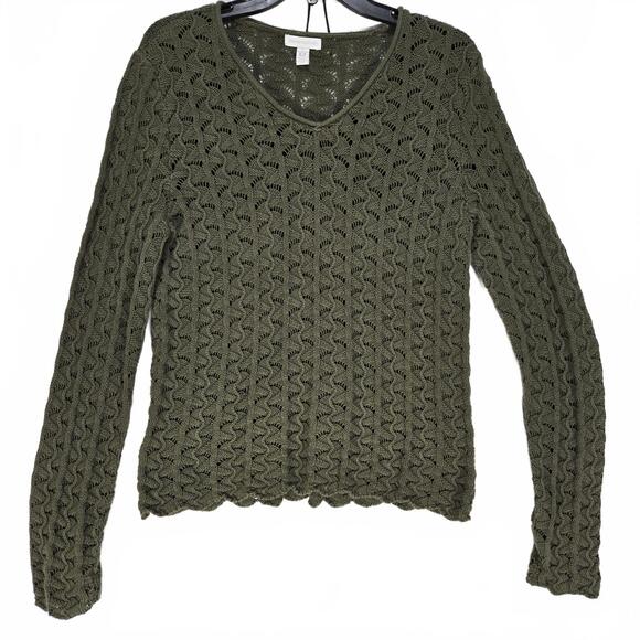 Charter Club Sweaters - Charter Club Olive Green Cotton Pointelle Knit Sweater L V-Neck Scalloped Boho